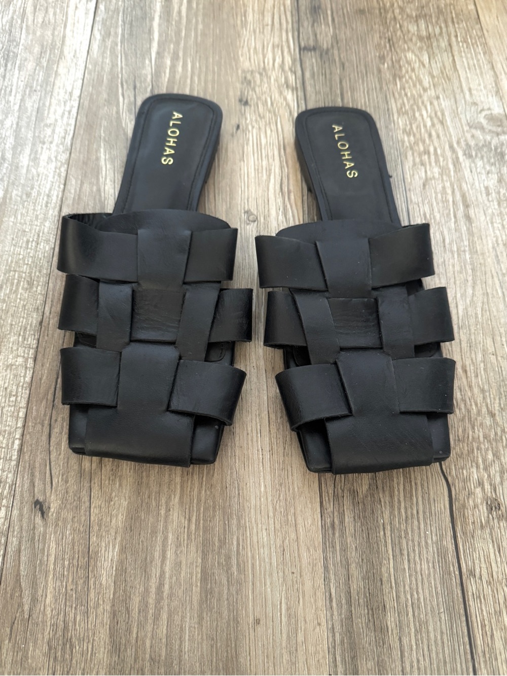 ALOHAS Black Woven Leather Slide Mules